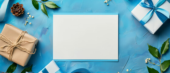 Wall Mural - Blank Father's Day card mockup with a crisp blue border and white central space for messages,