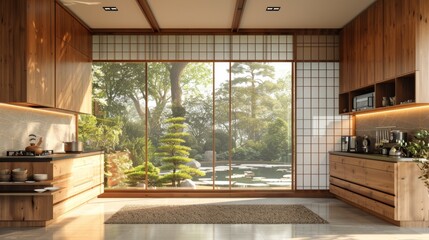 Wall Mural - High-quality image of a Japanese-inspired kitchen with wooden cabinetry, modern appliances, and a zen garden view