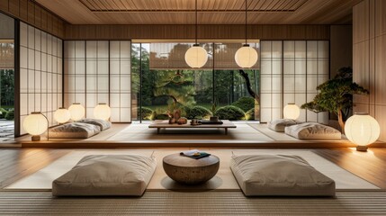 Wall Mural - High-quality image of a Japanese-inspired living room with minimalist furniture, natural wood elements, and paper lanterns