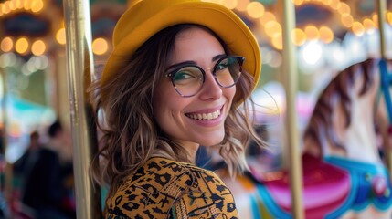 Wall Mural - At a festive carnival, a woman wearing glasses and a yellow hat is smiling at the camera while riding a carousel
