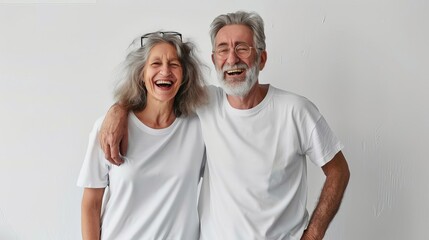 Wall Mural - senior couple wearing matching white tshirt mockups happy and in love cut out image on white