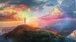 © CHAWA GEN - A person standing on a hilltop overlooking a vast landscape, with rainbowcore style clothing reflecting the colors of the sky and nature.
