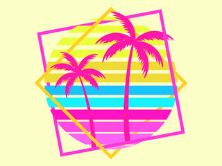 Wall Mural - Retro sci-fi palm trees from the 80s at sunset in a square frame. Retro futuristic sun with palm trees. Synthwave and Retrowave style. Design of advertising banners and posters. Vector illustration