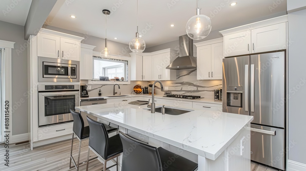 sleek modern kitchen with stainless steel appliances and quartz ...