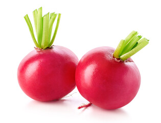 Wall Mural - Two fresh small garden radishes on white background