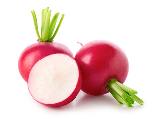 Poster - Fresh whole and half of small garden radishes on white background