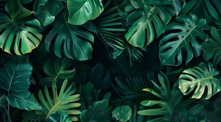 A dark green tropical jungle background with various leaves, illustration, vector graphic design
