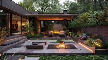 Wall Mural - Modern home garden featuring a streamlined fire pit area, minimalist seating, and ambient lighting