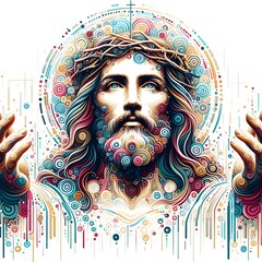 Wall Mural - A colorful artwork of a jesus christ with his hands in the air has illustrative art realistic attractive.