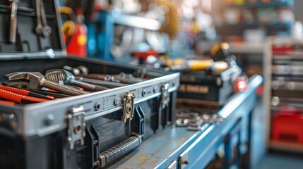 A toolbox filled with essential tools used by mechanics to diagnose and repair engine problems