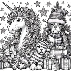 Wall Mural - A unicorn coloring pages black and white drawing includes drawing of a unicorn and a dog art card design realistic
