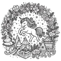 Wall Mural - A unicorn coloring pages black and white drawing includes drawing of a unicorn in a wreath art image realistic has illustrative