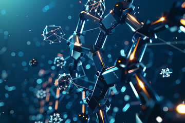A molecular array with a range of polygonal shapes and metallic accents, set against a dark blue background, and conveying the concept of digital technology through a technopunk design.