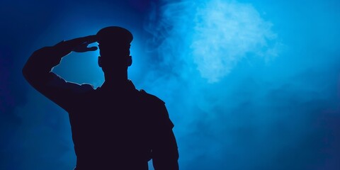 Saluting soldier silhouette in a blue background.