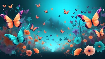 Flowers with colorful butterflies on a blue background