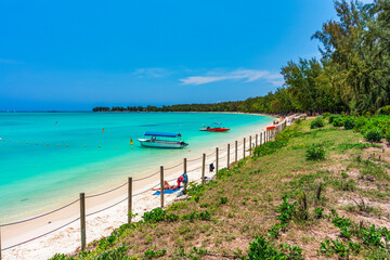 Mauritius beach aerial view of Mont Choisy beach in Grand Baie, Pereybere North. Mont Choisy, public beach in Mauritius island, Africa. Beautiful beach of Mont Choisy in Mauritius, drone aerial view.