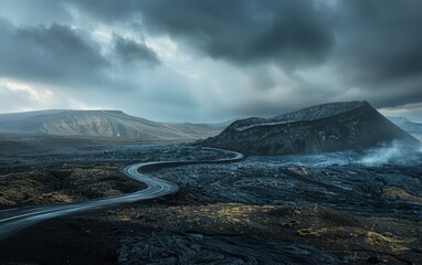 Moody, volcanic landscape with winding road under stormy skies.