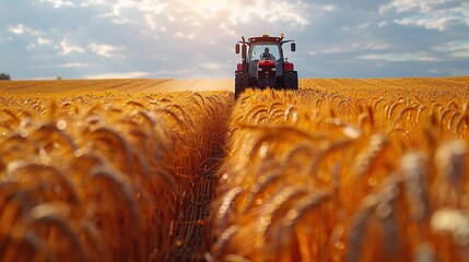 Wall Mural - A farmer driving a tractor through a field of wheat.