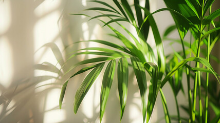 Wall Mural - green palm leaf with shadow on white concrete wall.