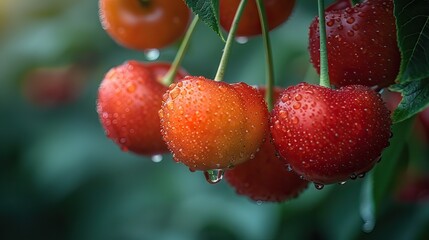 Wall Mural - A close-up of ripe cherries hanging from a tree branch.
