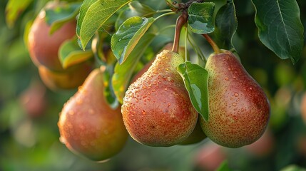Wall Mural - A close-up of ripe pears hanging from a tree branch.