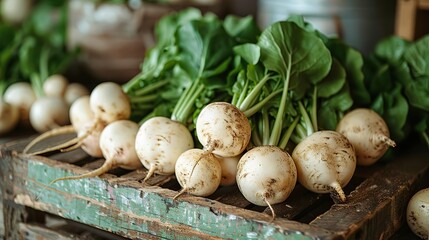 A close-up of freshly harvested turnips with their greens.