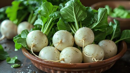 A close-up of freshly harvested turnips with their greens.