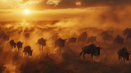 Wall Mural - a vast expanse of wildebeest crossing a dusty plain their hooves kicking up clouds of dust in their 