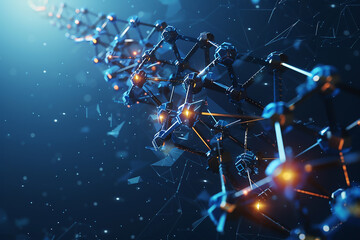 A series of molecules in a cascading formation, with dynamic polygonal shapes and metallic textures, set against a dark blue background, 