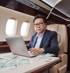 
A middleaged Asian man in glasses and business attire is sitting on the plane, working with his laptop