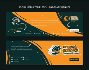 Canvas Print - Landscape banner template in green orange background for fast food advertisement design