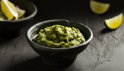 Wall Mural - Bowl of delicious green salsa Verde sauce on dark table. Fresh and tasty semi-solid food. Close-up.