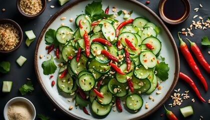 Wall Mural - Smashed cucumber spicy Asian style salad with soy sauce dressing, chilli flakes, garlic and sesame seeds
