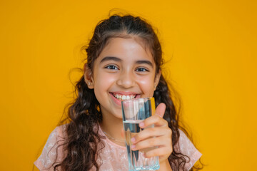 A pretty Latino girl drinks water from a glass and gives a thumbs-up gesture, expressing satisfaction or approval.