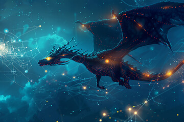 Wall Mural - A technological dragon with glowing eyes, soaring over a dark blue background with interconnected nodes, circuits, and lines that represent a neural network.