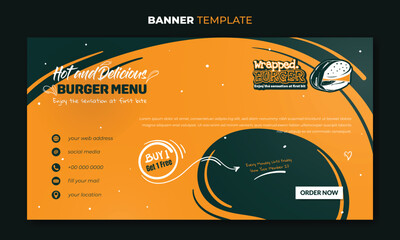 Canvas Print - Banner template with waving abstract green orange background for burger food or street food design