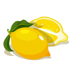 Wall Mural - Vector whole and half fresh lemon fruits with leaves isolated on white background.
