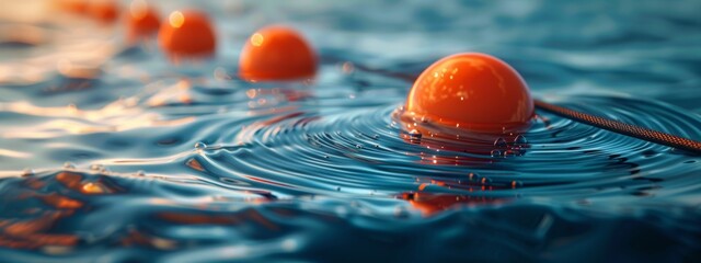 A close-up of marine cables and buoys floating on water, with gentle ripples creating texture.