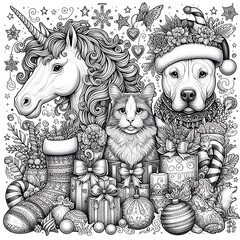 a unicorn coloring pages black and white drawing includes drawing of a dog unicorn and a cat image a