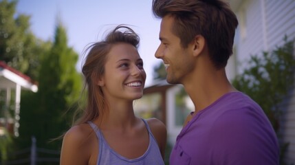 Poster - A man and a woman are smiling at each other. The man is wearing a purple shirt. The woman is wearing a blue tank top