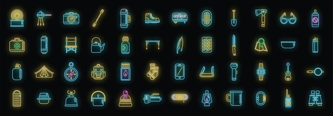 Sticker - Equipment for hike icons set outline vector. Hiker backpack. Shoes hiking neon color on black