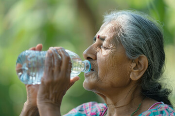 Indian older woman drinking water to aid in the management of her diabetes condition. Promoting the role of hydration in diabetes care practices.