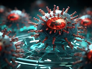 Wall Mural - A creative portrayal of a virus and antivirus clash in a microscopic view, illustrating the battle against malware close up, scientific lab, surreal, Overlay