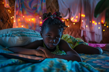 Wall Mural - With rapt attention, a young girl lounges on her bed, absorbed in the digital world displayed on her tablet, offering a glimpse into contemporary childhood activities and the influence of technology.