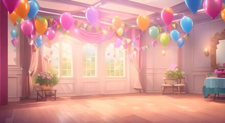 Wall Mural - An Empty birthday Party Room ready for celebration Anime or digital painting style looping video animation background
