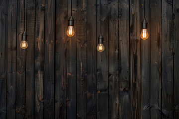 Dark wood background with hanging Edison bulbs. The wall is made of wood with a vintage texture. The old style.