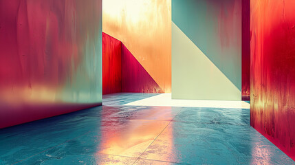 Wall Mural - 3d rendering of interior empty room with concrete floor and colorful wall