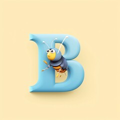 Vector cartoon character font. Letter B with insect on yellow background.