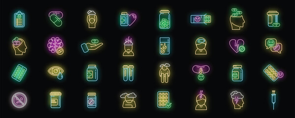 Wall Mural - Antidepressant icons set outline vector. Family health. Sad mental neon color on black