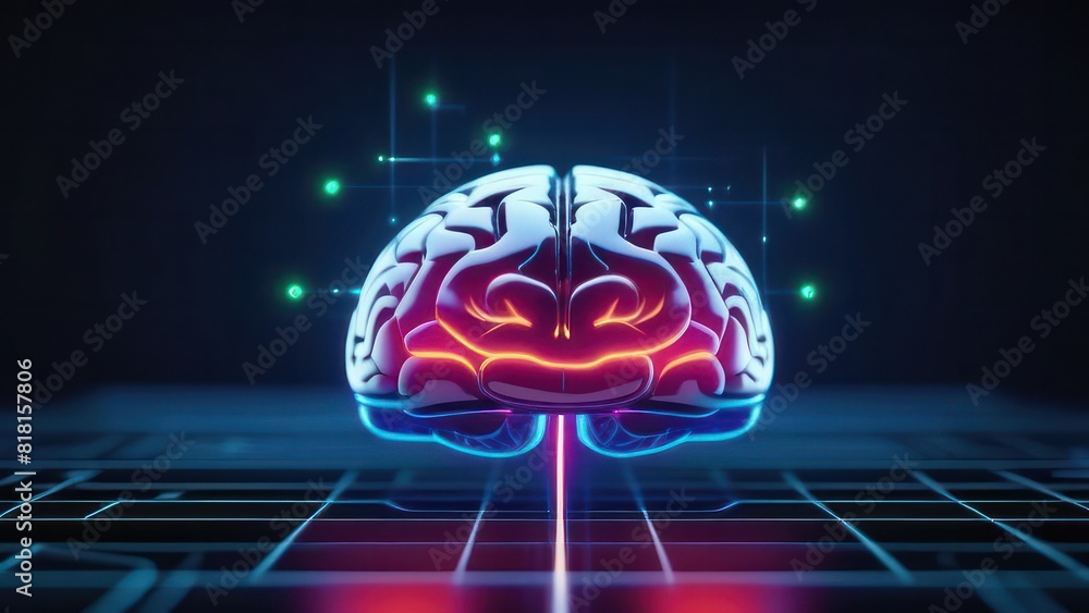 A neon brain with digital connections, floating above a grid with ...